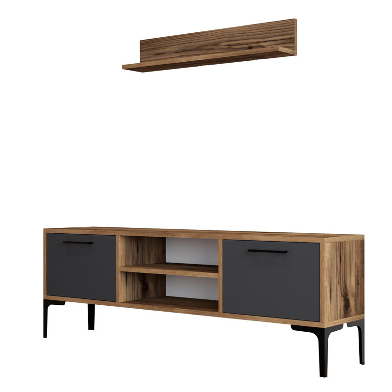 Modern Walnut & Anthracite TV Unit with Metal Legs & Plastic Handle, 55.1 x 18.9 x 11.8 inches | 100% Melamine Coated Particle Board, 0.71 inches Thick | Multiple Shelves, Stylish & Functional Design for Home Theater