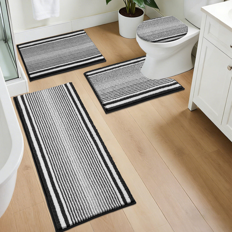 4 Piece Soft Absorbent Chenille Bath Rug Set With Non-Slip Backing (Set Of 4), Black/White