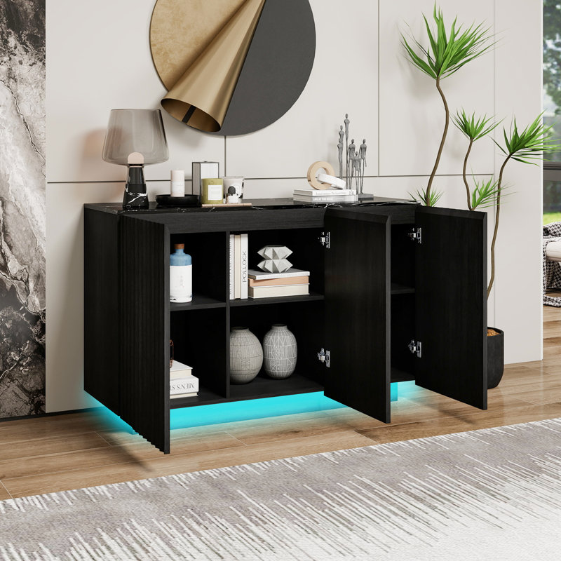 3-Door Buffet Sideboard Storage Cabinet with Adjustable Shelves, Led Lighting & Charging Station for Dining Room, Living Room & Entryway
