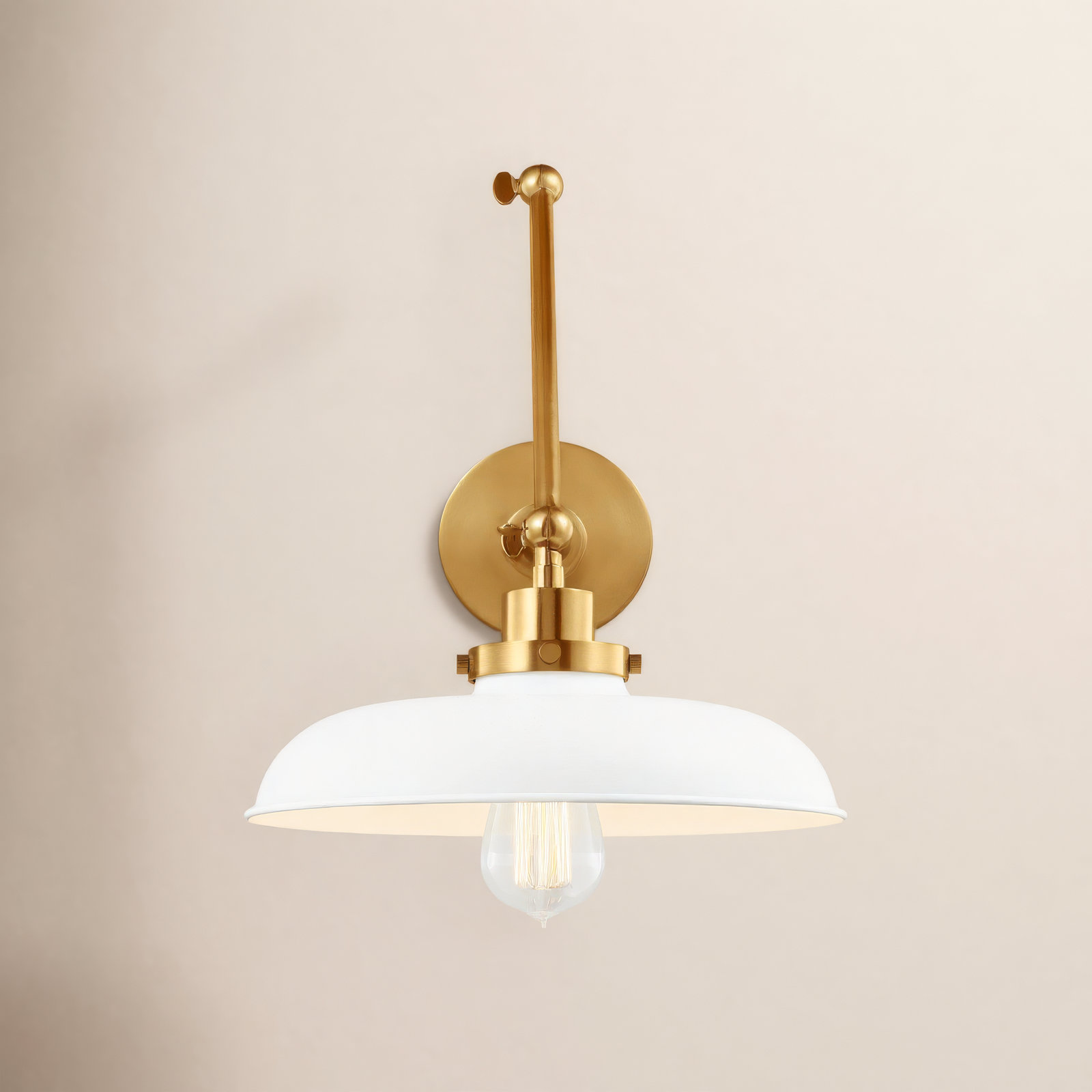 Single Light Armed Sconce, Burnished Brass, Matte White
