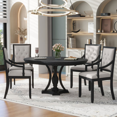 5-piece Dining Set, Extendable Round Table and 4 Chairs for Kitchen Dining Room