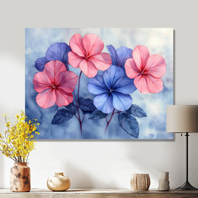 Geranium Glow In Blue Watercolors Watercolor - reproduction d'art sur toile florale