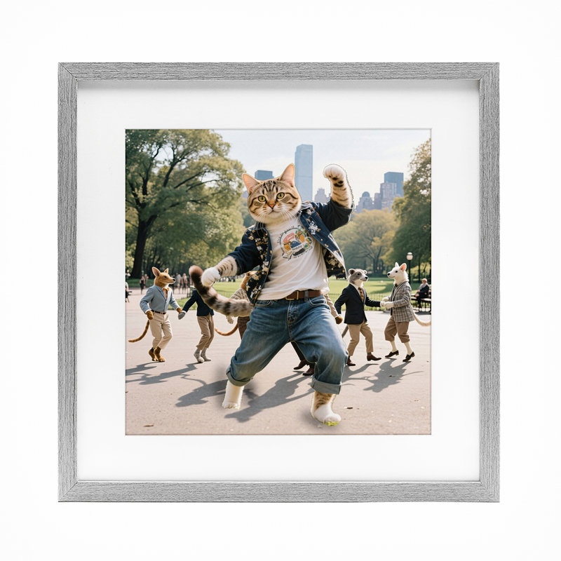 «Stylish Cat Dancing in Park», reproduction encadrée sous verre, conception de CAD Designs, H 13 po x l 13 po