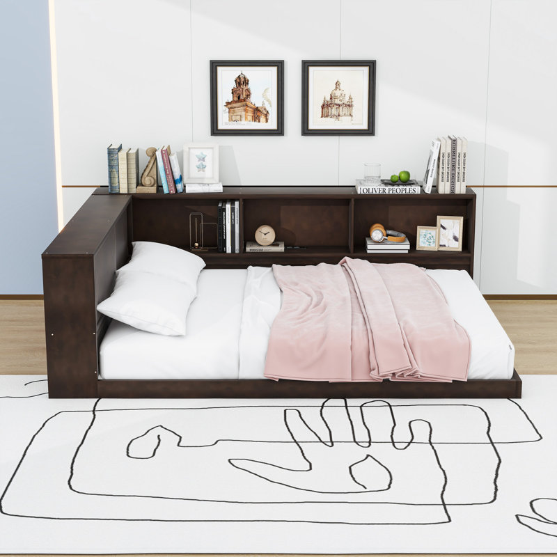 Wood Daybed with Shelves, USB and LED, Brown