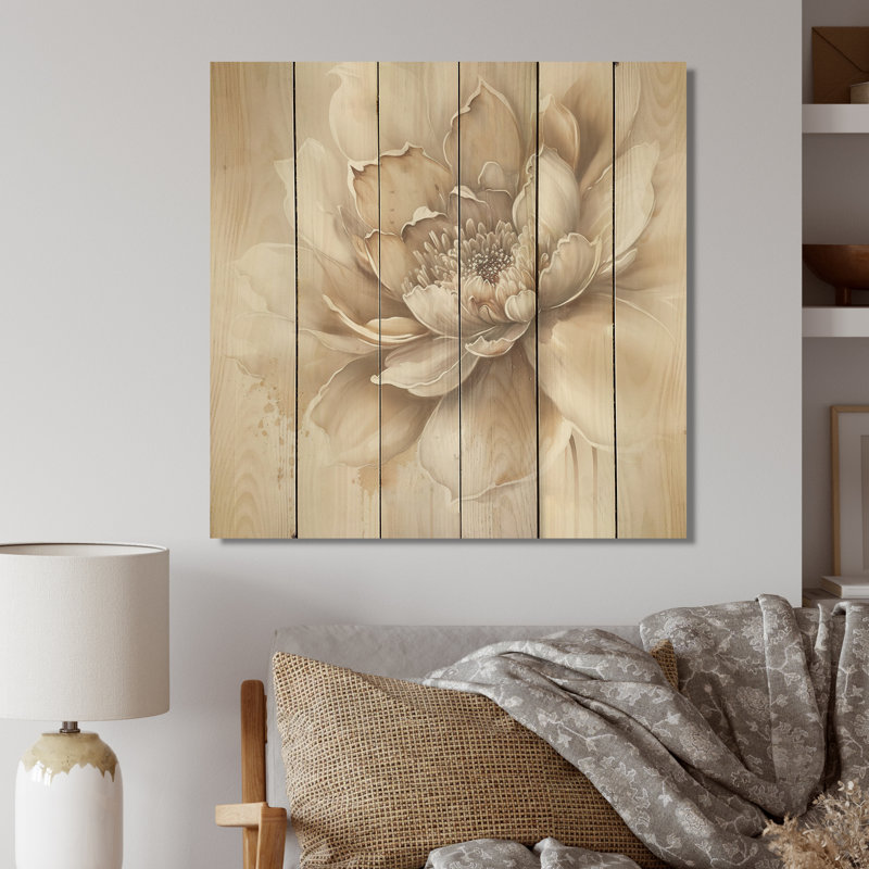 Blooming Beige Floral Design III - impression sans cadre sur bois, H 16 po x l 16 po x P 1 po