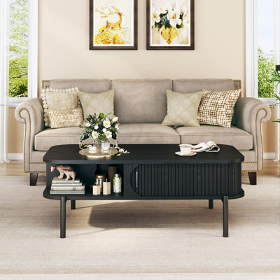 39.3" Mid Century Modern Coffee Tables For Living Room, Coffee Table With Storage Open Shelf, Fluted Table With Sliding Cabinet Door, 2-tier Rustic Wood Desktop, Black