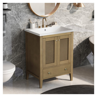 Meuble-lavabo en rotin 24 po avec vasque en porcelaine avec deux portes et tiroirs 24 po