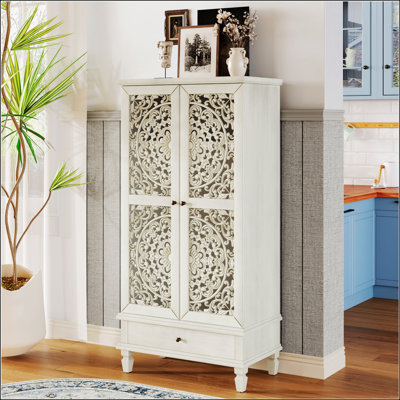 Armoire de rangement rustique de 55 po de hauteur avec tiroir, décorative en bois sculpté à 2 portes pour le salon et la salle à manger, gris antique blanc