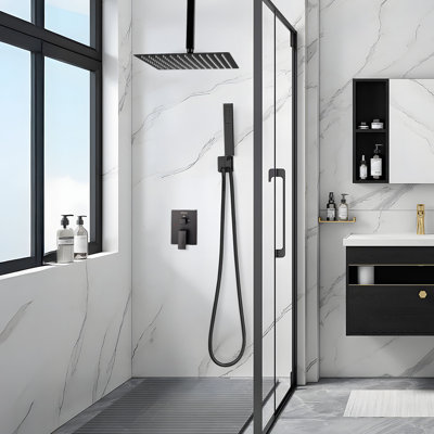 Ensemble de robinet de douche et pomme de douche carrée 10 po noir mat