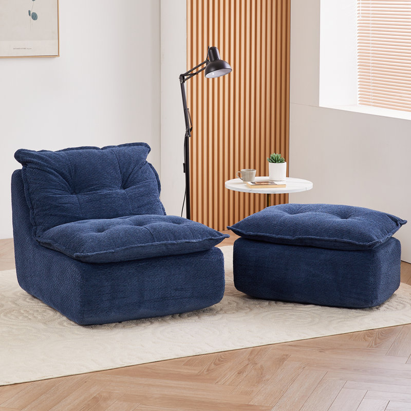 Upholstered Chaise Lounge with Moveable Ottoman, Indoor Soft Cozy Sofa , Blue