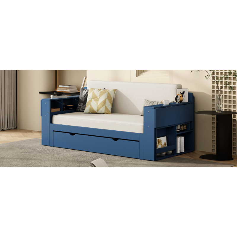 4 - In 1 Multifunctional Blue Full Size Daybed With Storage And Hydraulic Side Table, Converts To A Practical Desk Detachable Removable Desk, Saves Space Small Home Offices
