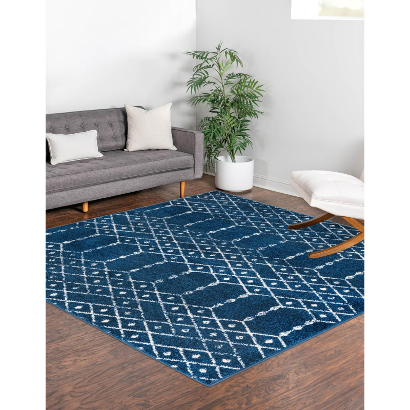 Tapis bleu marine / blanc Lenwood, Carré 7 pi 10 po