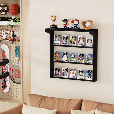 Sfugno 3-tier Wooden Trading Card Display Stand For Wall, Graded Sports Card Display Case, Card Holder Stands For Collection & Showcase, Black