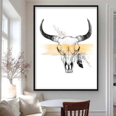 Crâne de vache avec plume - décor encadré Western