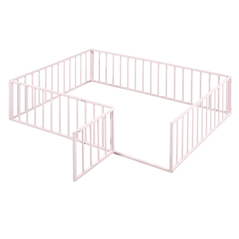 Diocles Metal Floor Bed Frame with Fence & Door, Full, Pink