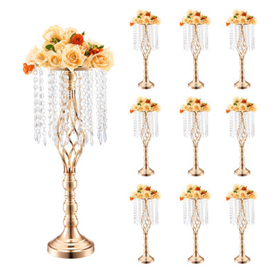 Set of 10 Gold Crystal Wedding Centerpiece Stands - 21.65" Tall Elegant Floral Vases for Table Decor