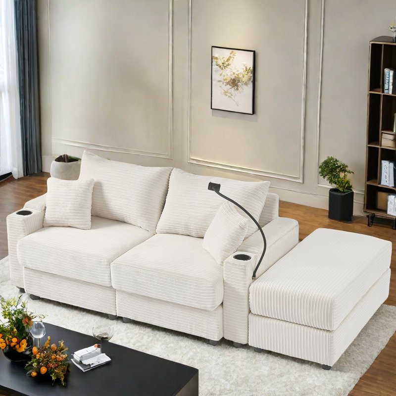 Sectional Sofa With Storage Space, A Movable Ottoman And Two Usb Ports, Beige