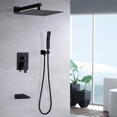 Système de douche mural avec robinet mitigeur et pommeau de douche effet pluie noir mat de 25 cm.