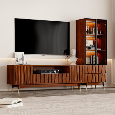 90.6'' Brown Fluted Entertainment Center With Bookshelves For 55/58/65 Inch TV, Wood Mid-century Modern Media Console With Solid Wood Splayed Legs And Relief Panel Includes 66.8" TV Stand And 3-tier Glass Display Bookcase For Living Room Bedroom Study