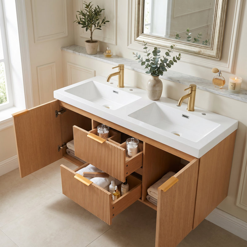 Meuble-lavabo double 47,24 pouces avec comptoir en bois massif, armoire en panneau de fibres à densité moyenne, portes à fermeture en douceur, tiroirs divisés, meuble-lavabo mural moderne