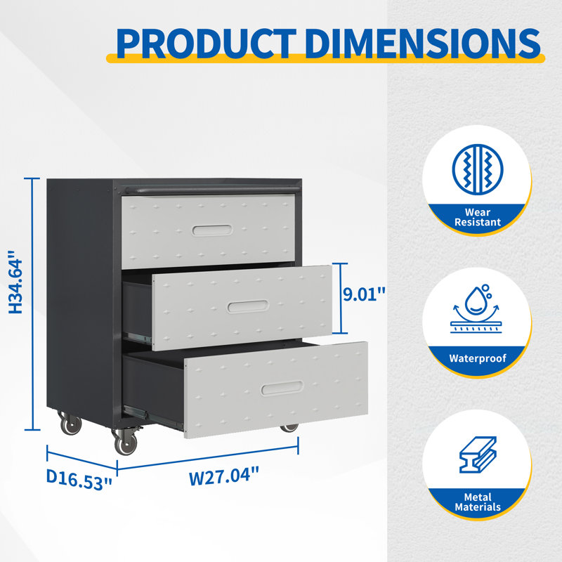 3-Drawer Rolling Tool Cabinet with Lockable Wheels and Professional Metal Workspace Organizer, Gray