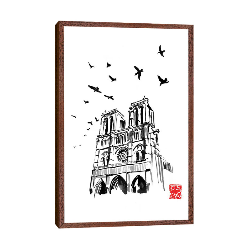 Notre Dame by Péchane - Painting on Canvas, 152.5 cm H x 101.5 cm W, Classic Brown Wood Framed