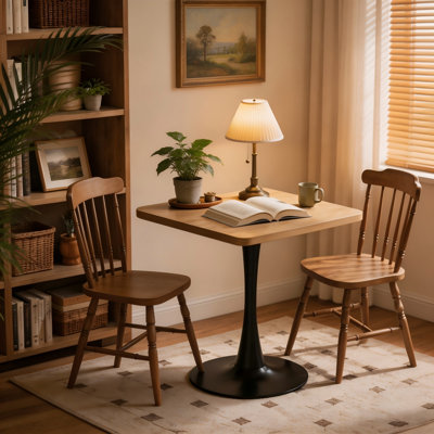 Table de salle à manger carrée tulipe de 60 cm (23,6 po) avec plateau à bords épais et pied central en métal, style bistro moderne du milieu du siècle, couleur naturelle