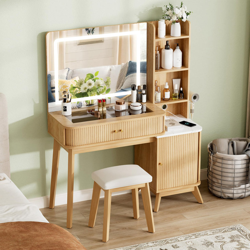 Glass Top Vanity Desk With Large Mirror And Lights