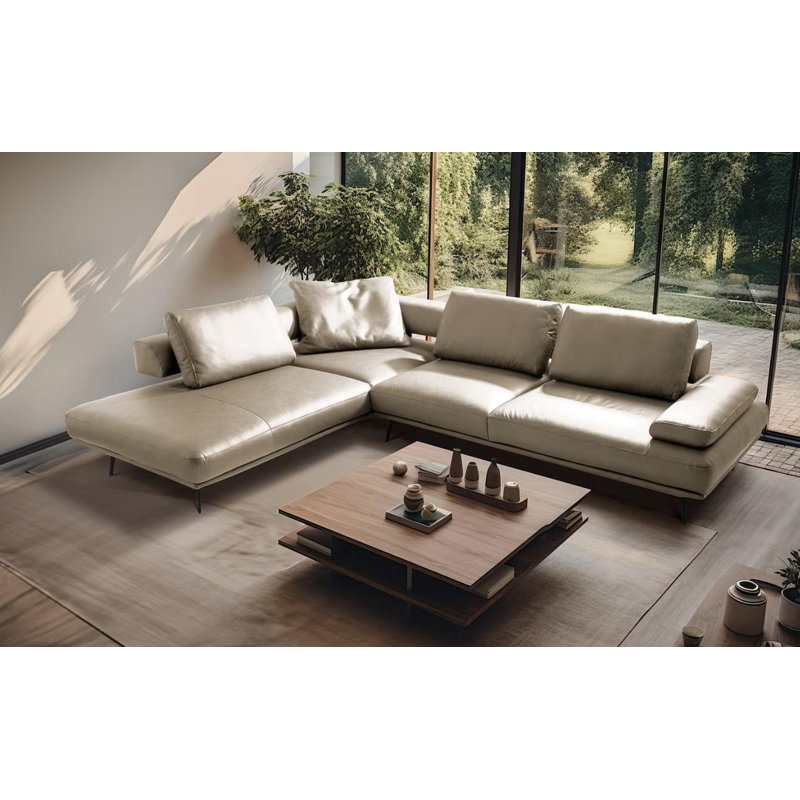 Trumansburg Power Reclining Corner Sofa in Genuine Leather, Grey/Ivory, Left Hand Facing