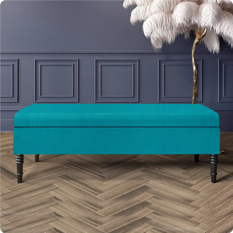Safar Plain Upholstered Plush Velvet Ottoman Storage Bench with Black Turned Wooden Legs, Teal, 40cm H x 90cm W x 40cm D