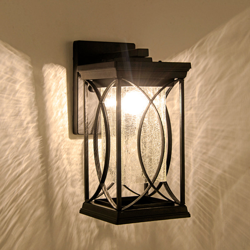 Modern Farmhouse Outdoor Wall Lantern with Crackled Glass, Exterior Sconce, 13.78" H, Matte Black