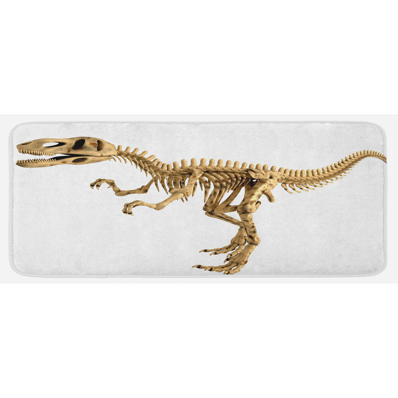 Tapis de cuisine jaune pâle à l’ombre de dino squelette, image réaliste et éteint