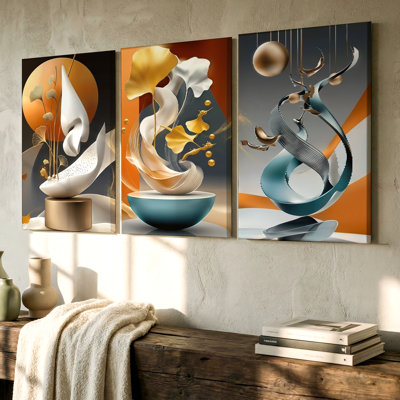 3 pièces d'art mural moderne abstrait avec formes fluides et tons terreux, trois pièces d'art mural pour le salon, la chambre à coucher, le bureau et la décoration intérieure
