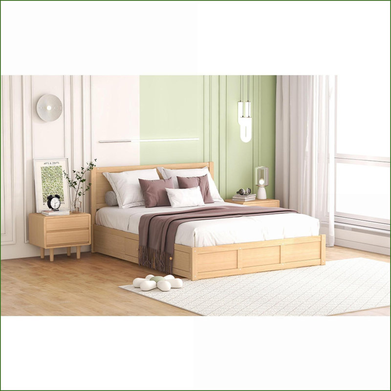 Grand lit plateforme en bois de pin avec 2 tiroirs Rangement sous le lit, ton de bois naturel - aucun sommier nécessaire