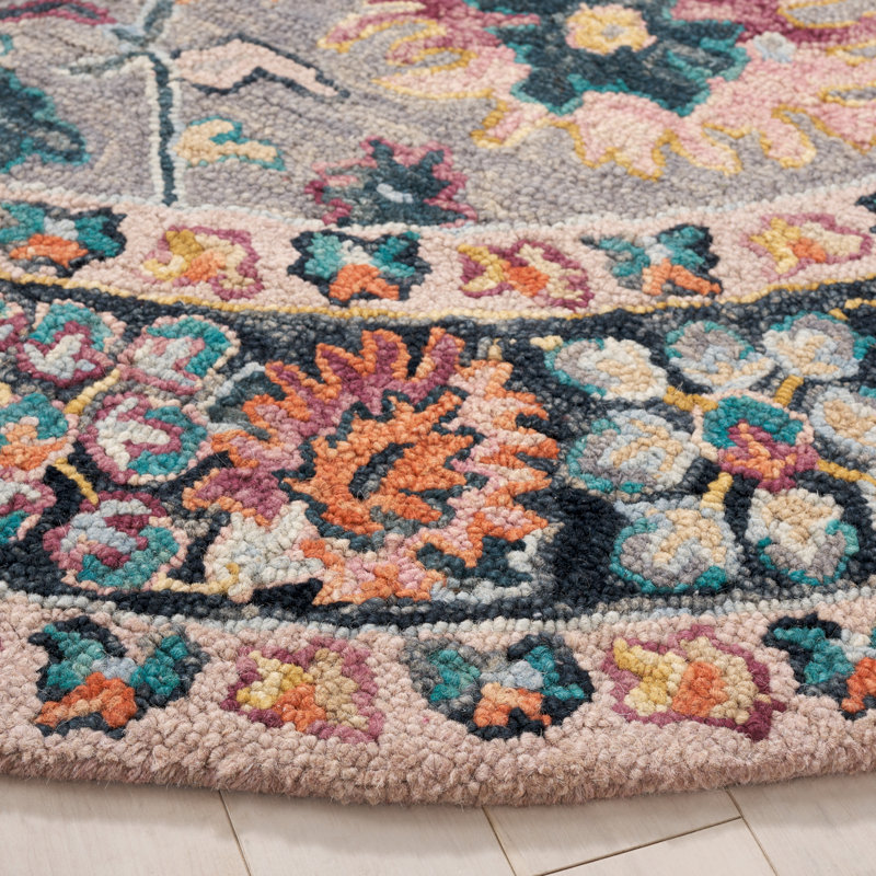 Creasman Oriental Hand Tufted Wool/Cotton Area Rug in Pink/Gray, Round 7"