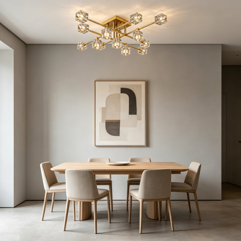 Lustre semi-encastré en cristal 13 lumières, Doré