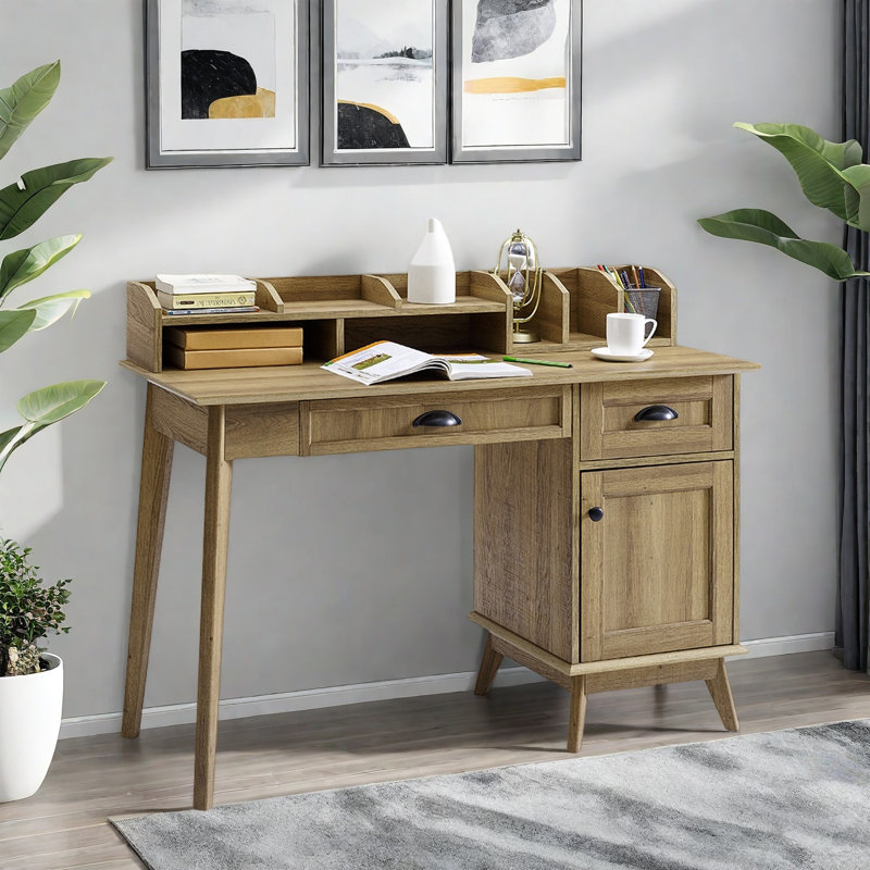Bureau avec huche Cabral - poste de travail de bureau personnel 48 "avec bibliothèque, Naturel