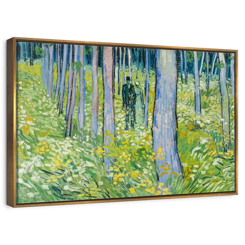 Sous-bois avec deux personnages, Cadre flottant doré, 43 po x 29 po