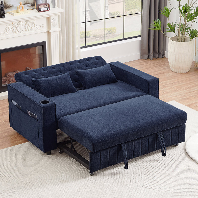 Canapé-lit convertible capitonné 61,4 po avec ports USB et porte-gobelets, Bleu