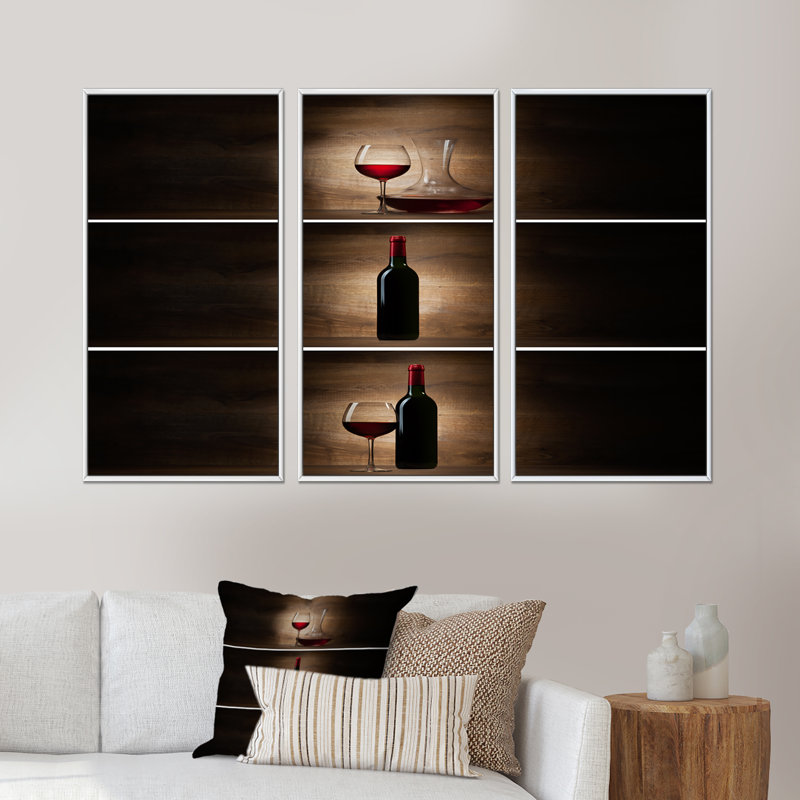 Bouteille verte avec vin rouge et verre - ensemble d'art mural sur toile, H 28 po x l 36 po x P 1 po, Blanc