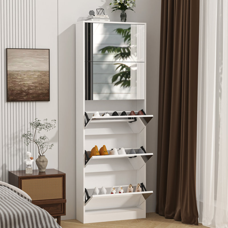 Modern Shoe Storage Cabinet with Mirror for Narrow Corridor and Entryway