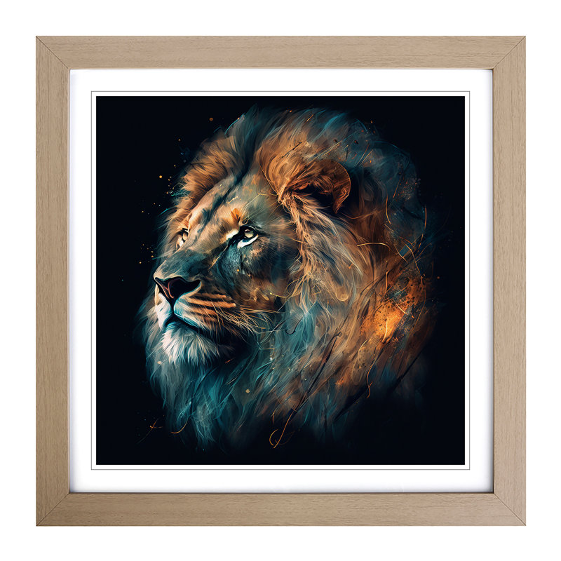 Lion Graphic Art - Single Picture Frame Print on Wood, Oak