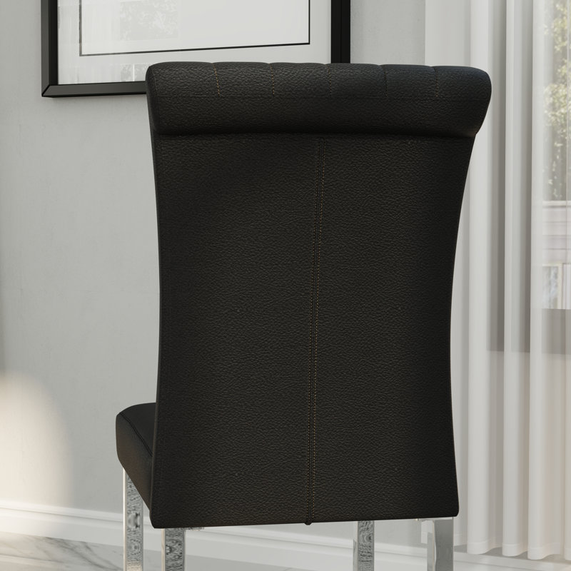 Ensemble de table de salle à manger 5 pièces moderne en chrome argenté avec 4 chaises en cuir noir et argent, 5