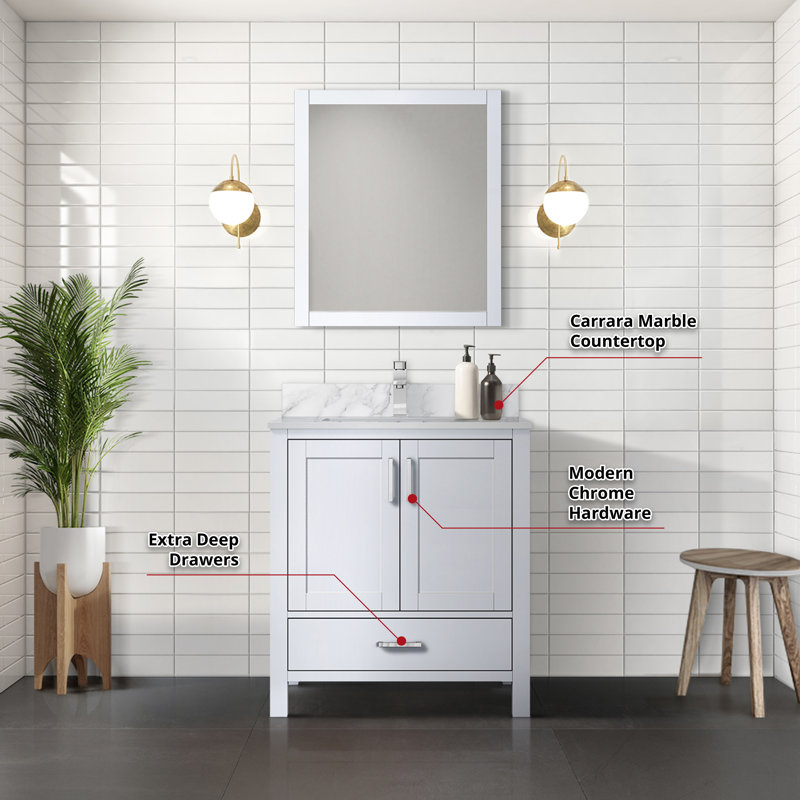 White 30" Vanity with Marble Top, Sink, Mirror, and Faucet