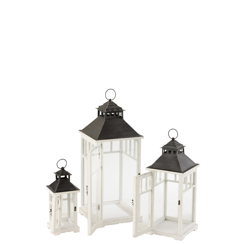 Cozy 3 Piece Wood Tabletop Lantern Set, White/Black