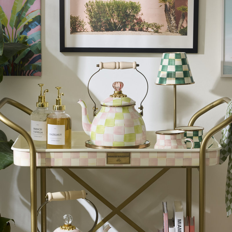 Palm Beach Check 2 Quart Tea Kettle, Pink/Green/White