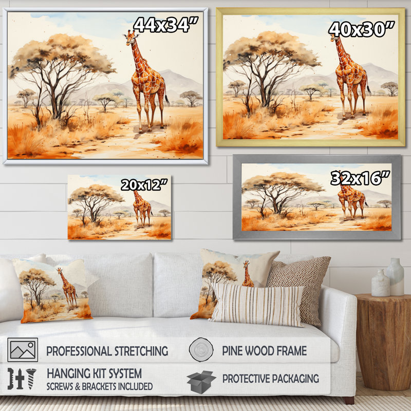 «Orange Orange Beige Girrafe Walk in African Landscape», reproduction sur toile, H 30 po x l 40 po x P 1,5 po
