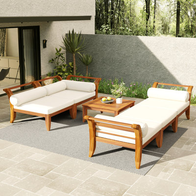 Ensemble de canapé de patio 6 pièces, ensemble de conversation modulaire d'extérieur en bois d'acacia, ensemble de conversation en forme de L, lit de jour convertible avec table à thé, repose-pieds, 5 coussins et coussins, teck et beige