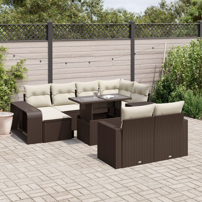 Ensemble de canapé de jardin en rotin PE brun Vidaxl, acier thermolaqué, verre trempé
