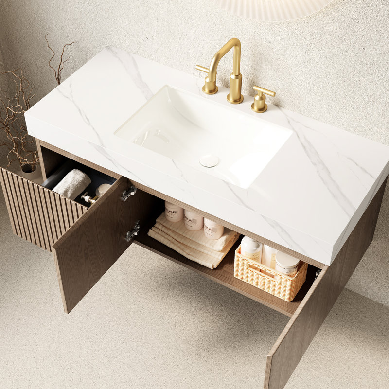 Ensemble de meuble-lavabo et lavabo flottant 48 po, armoire de rangement en contreplaqué, plateau en pierre frittée blanche, lavabo en céramique, 3 trous de robinet, tiroir, portes, meuble-lavabo d'apparence, pierre, conception pré-percée, assemblé